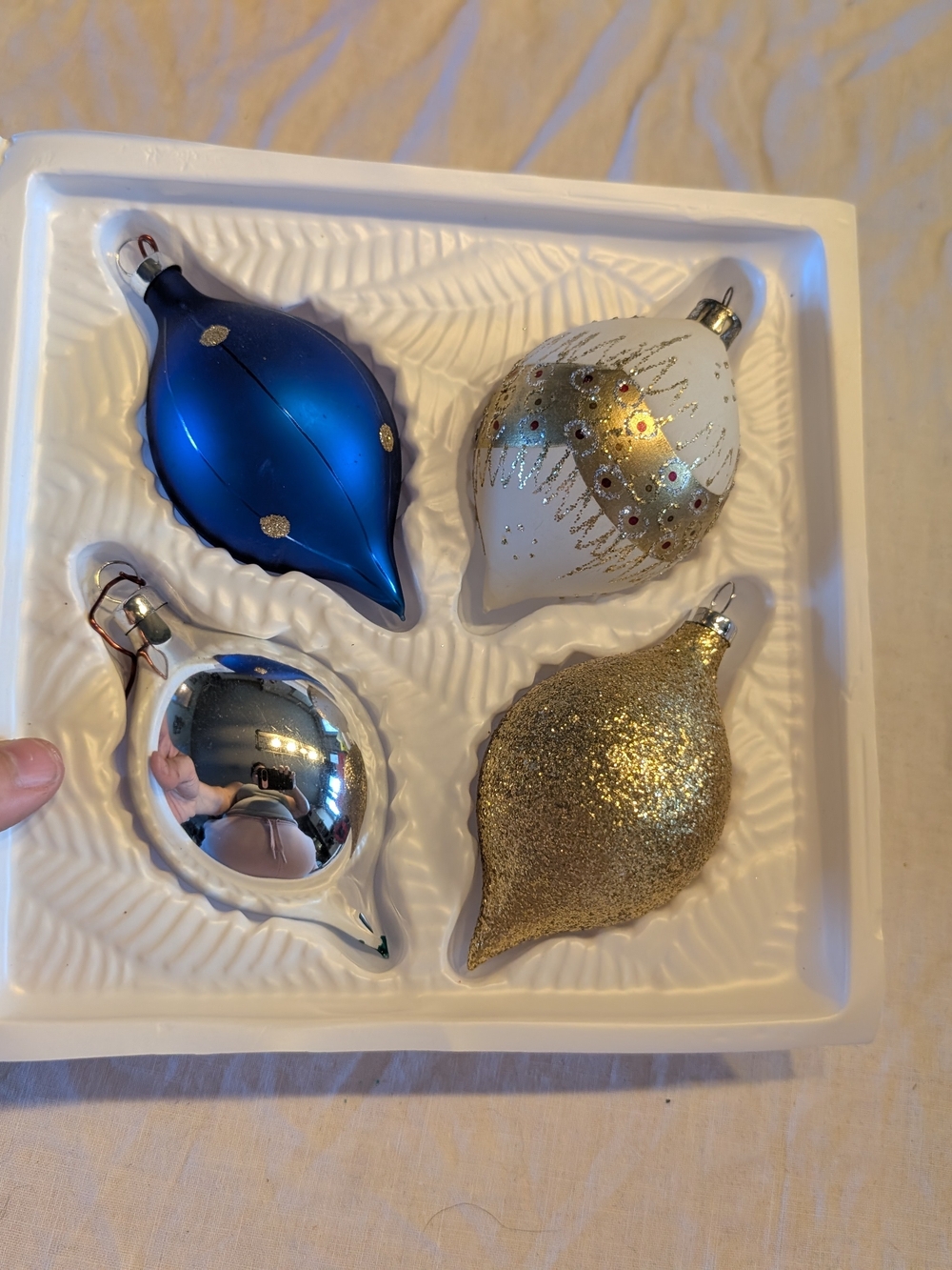 2/30$ Vintage Blue, White, Silver & Gold Holiday Ornament Set